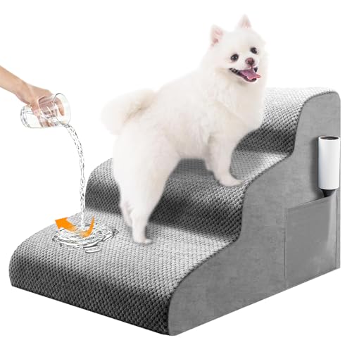Hundetreppe 3 Stufen 40 cm Hoch, Rutschfestem Katzentreppe für Alte Katzen Kleine Hunde aus 30D Hochdichtem Schaum, Abnehmbarem Waschbarem, Tragbar Hunderampe für Sofa Bett Auto