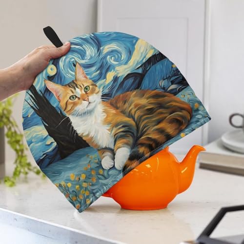 Image of Large Tea Cozy for Teapot Starry Night Cat Print Extra Thick Tea Pot Cover Home Kitchen Decoration Insulated Teapot Cozy Dust Kitchen Accessories for Home Daily
