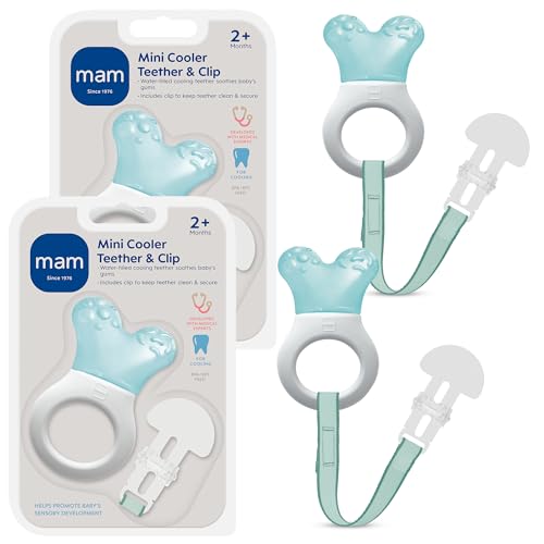 Image of MAM Mini Cooler Baby Teether with Clip (2 Pack) – Cooling Teething Rings for Teething Relief, Lightweight Easy-Grip Design, Reaches Back Teeth, Refrigerator Safe Infant Teething Toy