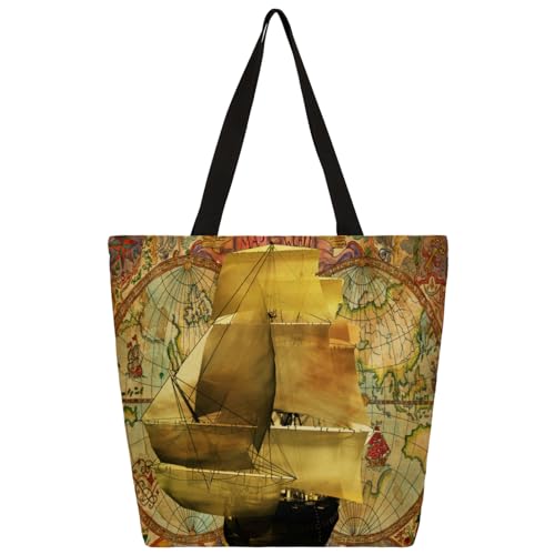 Mularoka Vintage Map Boats Large Capacity Canvas Tote Bag Stylish Handheld Shoulder Bag Reusable Shopping Bag for Work Travel Beach Trips Shopping