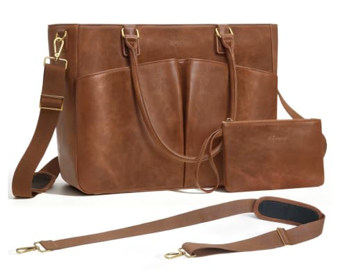 Image of Laptop Tote Bag for Women, Leather Work Tote with Padded Laptop Compartment, Cup Holder, Office Computer Briefcase