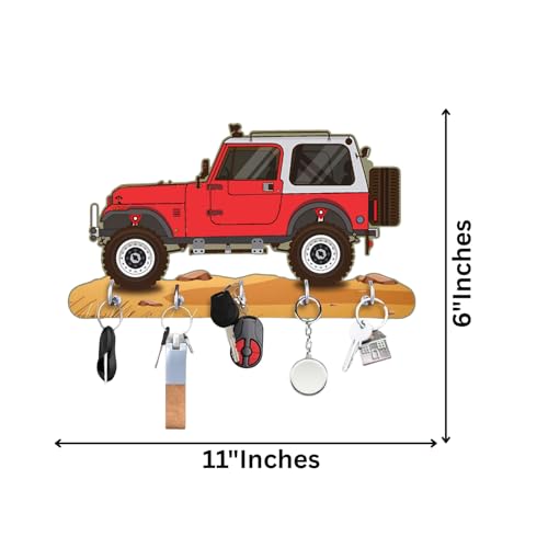 Image of Webelkart Premium HD UV Printed Mahindra Thar Car Shape Designer Wooden Key Holder Home and Office Decor (11 X 6 Inch, Wood) (Red)