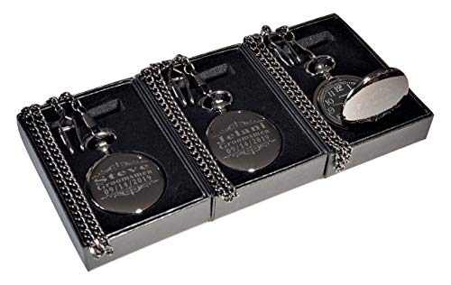 Eternity Engraving inc. 3 Pocket Watches Custom Engraved, Polished Gold with Roman Numerals, Chain & Box Included, 4 Colors Available, Set of 3 Pocket Watches (Black)