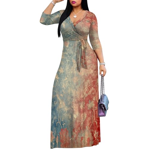 Image of Plus Size Dresses for Women Print Maxi Dresses 3 /4 Sleeve with Belt
