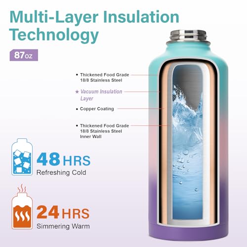 Insulated Water Bottle | Thickened Stainless Steel for Gym and Hiking with Straw, Carrier Bag, Handle Strap | BPA-Free 87 oz