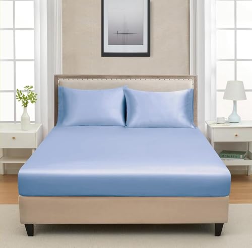 Image of RD TREND Microfiber Satin Weave Fitted Bedsheets for Queen Size Bed 78x60x10 Inch with 2 Pillow Covers-18x28 Inch | 400 TC All Around Elastic | Sky Pearl