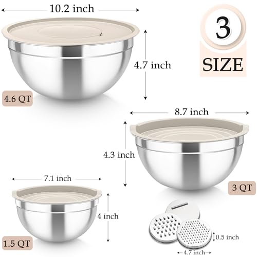 TeamFar Mixing Bowls, Stainless Steel Nesting Salad Bowls Set | Mixing Bowls with Lids & 3 Grater Attachments, For Mixing/Serving/Storing, Non-toxic & Long-lasting, 4.6/3/1.5 QT, Khaki - Image 3