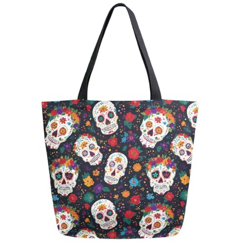 Dijkoo ZzWwR Chic Mexican Sugar Skulls Day of the Dead Floral Pattern Large Canvas Gym Beach Travel Reusable Grocery Shopping Tote Bag