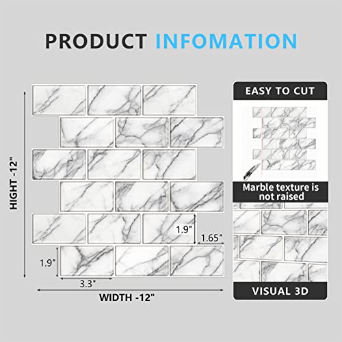 Urcolor 10-Sheet Backsplash Tile For Kitchen Peel And Stick,12"X12" Self Adhesive Subway Wall Tiles Stick On Back Splashes For Bathroom White Marble #TOP5