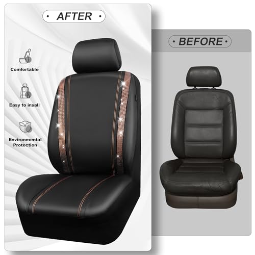 Image of CAR PASS Bling Diamond Car Seat Covers Full Sets, Shining Rhinestone Waterproof Faux Leather, with Zipper, Universal Fit Automotive Glitter Crystal Sparkle Strips Cute Women Girl, Champagne Gold