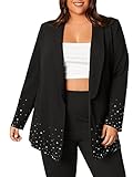 WDIRARA Women's Plus Size Rhinestone Print Stand Collar Long Sleeve Blazer Black 4XL