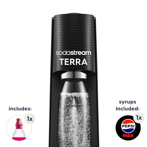 SodaStream - Terra Sparkling Water Maker starter bundle, Quick Connect CO2 System, Includes 60L Gas Cylinder, 1 x 440ml Pepsi Max, BPA-Free 1L Bottle, Eco-Friendly & Reduces Plastic Waste, Black