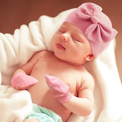Image of AQOKKA Baby Swaddle Blankets with Bow Hat Mittens Set Infant Receiving Blankets Swaddles for Newborns Unisex Toddler Swaddle Wrap Sets for Baby Girls Boys Nursery Warm Shower Gift