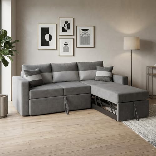 Image of FURNY Soria 4 Seater RHS Lounger Sofa Cum Bed (Light Gray - Dark Gray) with Pull-Out Function | Luxury Velvet Suede Finish | Durable Comfort | Ideal for Living Room