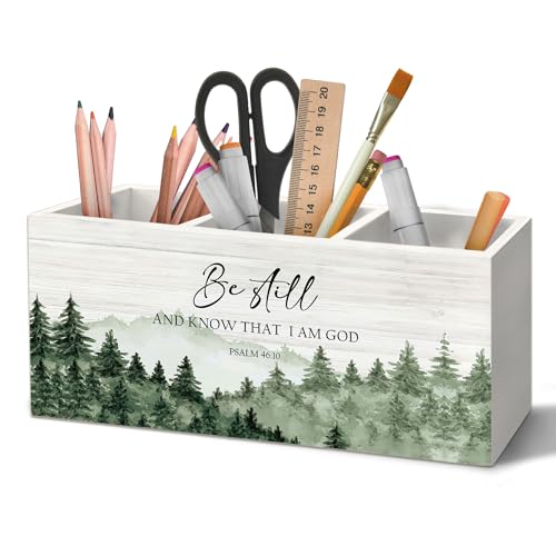 Yjeslw Christian Pen Holder Organizer for Desk Accessories, Be Still Bible Verse Scripture Wooden Box Sign Desk Decorations for Home Bedroom Office Decor, Religious Christian Gifts for Women