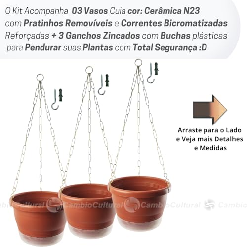 03 Vasos de Plantas Médio Cuias N23 com Pratinhos Correntes Ganchos e Mantas de Drenagem Cor:Marrom