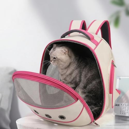 Image of Cawypety Cat Backpack Carrier, Breathable Cat Carrier Pet Backpack for Kitty Small Dog Up to 15Lbs, Transparent & Foldable Pet Carrier for Travel Hiking (Pink, White)