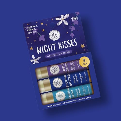Lip Balm Set: All-Natural Shea Butter, Beeswax, Coconut Oil, Vitamin E Infused Lip Moisturizer Care (3 Pack, Night Kisses)