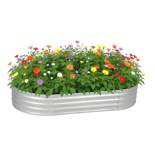 PayLessHere 6x3x1FT Galvanized Garden Bed, Outdoor Elevated Raised Garden Bed Vegetables Flowers Garden Bed Galvanized Steel Garden Planter Box, Oval Raised Bed Kit, Silver