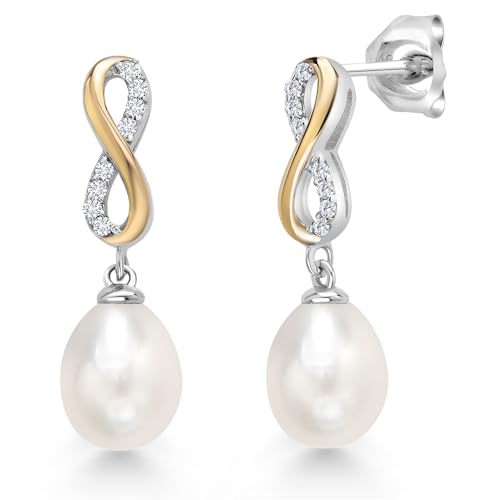 Gem Stone King 7X9MM Cultured Freshwater Pearl and White Lab Grown Diamond Infinity Dangling Earrings for Women | 925 Sterling Silver and 10K Yellow Gold | Fine Jewelry Gifts for Her Mom Women Wife
