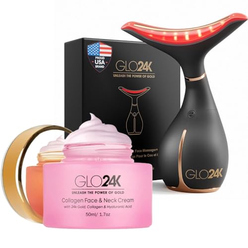 GLO24K Red Light Facial Massager with 24K Gold Retinol Face Cream - Face & Neck LED Beauty Wand 3-in-1 Vibration Beauty Tool & Collagen Hyaluronic Acid Moisturizer for Smoother-Looking Skin