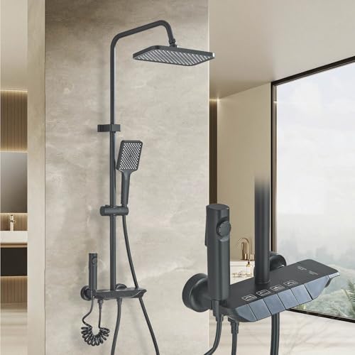 JUNSHENG Ensemble de douche, douche avec 4 modes, touches de piano, ensemble de douche réglable en hauteur, colonne de douche noire avec pomme de douche et...