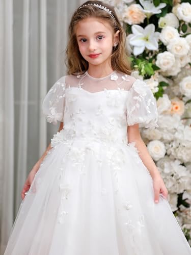 ABAO SISTER Puff Sleeves Embroidered Lace Flower Girl Dress Birthday Party Formal Party Pageant Tulle Tutu Ball Gown Dress2
