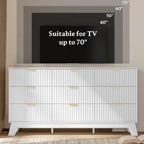 Image of Fluted Dresser for Bedroom with 9 Drawers, 57 inch White Dressers & Chest of Drawers, Mid Century Modern Dressers TV Stand, Boho Wood Dresser for Closet Wide Storage Organizer for Living Room, Hallway