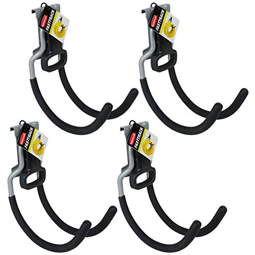 Rubbermaid Fast Track Wall Mounted Multi-Purpose Garage Utility Hooks for Tools, Sports Equipment, and Gardening Supplies, Satin Nickel (4 Pack)