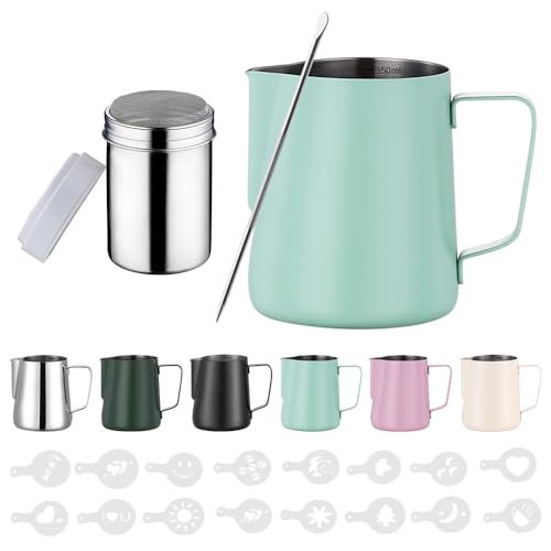Zuquik 350 ml Stainless Steel Milk Jug, Barista Milk Jug with Measurement Mark 12 oz, Milk Foam Jug with Cocoa Shaker, 16 Latte Art Stencils & Pen for Cappuccino and Espresso, Light Green