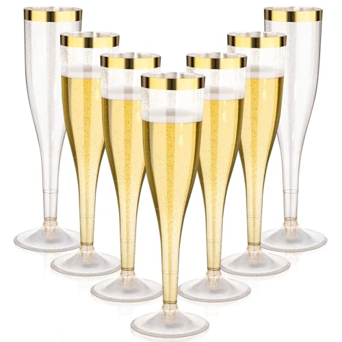 Goodluck 48 Pack 6.5 oz Plastic Gold Glitter Champagne Flutes with Gold Rim, Disposable Champagne...