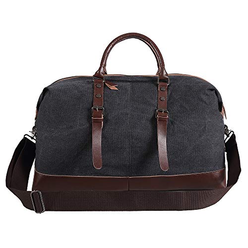 Ulgoo Travel Duffel Bag Canvas Bag PU Leather Weekend Bag Overnight (Black)