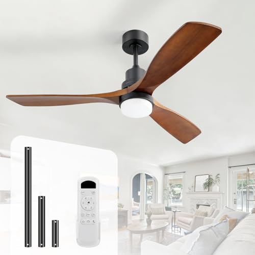 Sofucor 52 Inch Solid Wood Ceiling Fans With Lights, Low Profile Ceiling Fan with Light and Remote, 3 Downrod, Reversible DC Motor, Indoor/Outdoor 3 Blade Ceiling Fan Light for Bedroom Farmhouse Patio