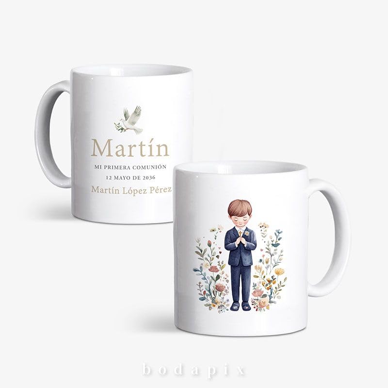 Tazas Personalizadas para Comunión con Nombre, Fecha y Foto | Regalo Original para Invitados | Cerámica 350 ml | Pack 10 o 15 Unidades (Fe)