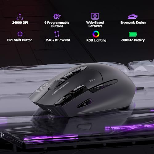 Image of TMKB M2 Wireless Gaming Mouse, 24K DPI, Tri-Mode 2.4G /BT /USB-C, 9 Buttons | Lightweight Ergonomic Grip, Programmable, 600mAh Rechargeable, DPI-Shift Button, RGB lighting, PTFE Feet, for PC Laptop Mac