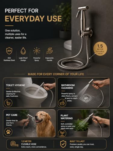 Image of Handheld Bidet Sprayer for Toilet, SS-304 Stainless Steel, Chrome Finish, with 1.5 Metre Kink-Free Hose Pipe, Leak-Proof