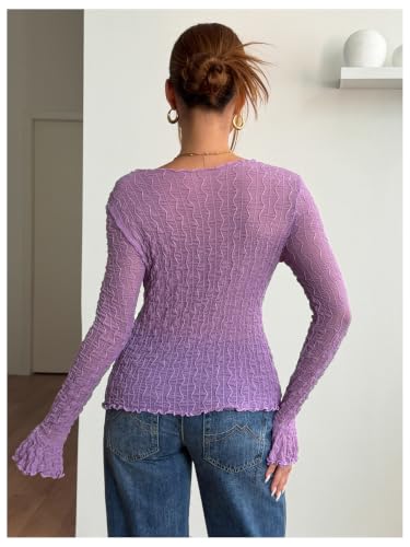 Image of Milumia Women's Y2K Textured Mesh Cardigan Shrug Tie Front Tops | Lettuce Trim , Long Sleeve, Open Front, Sheer, Flared, Club Party, Going Out, Rave, Cover Ups