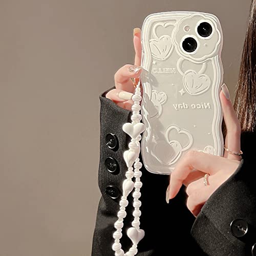 NITITOP Compatible for iPhone 14 Case, Cute Oil Painting Love Pattern with Heart Beaded Lanyard Wrist Strap for Women Girls, Soft TPU Full Protective Cover for iPhone 14- White Heart