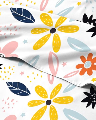 Image of King 4 Piece Floral Sheet Set - Soft, Breathable & Cooling - Daisy Art | 1 Flat, 1 Fitted & 2 Pillowcases w / Deep Pockets, Boho Botanical Floral Bedding, Breathable & Cooling, Wrinkle & Fade Free