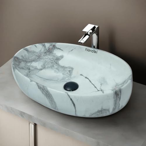 Image of Designer Counter Top Wash Basin | Tabletop Ceramic Bathroom Sink | Wash Basin Over Counter | Wash Basin For Bathroom, Living Room (24 x 15 x 6 Inch) (Designer White Grey)