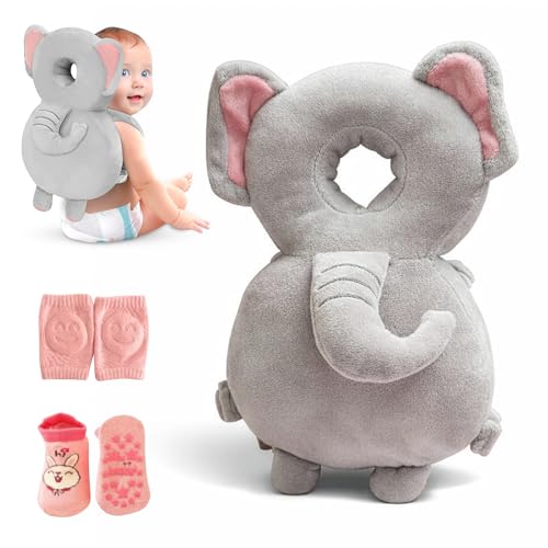 Image of HippoBaby Baby Head Protector Backpack - Toddler Safety Cushion for Crawling & Walking - Infant Fall Protection Pillow with Adjustable Straps - Comes with Knee Pads & Non-Slip Baby Socks (Elephant)