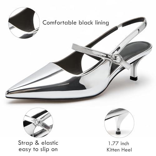 DREAMCIA Metallic Silver Heels for Women Dressy，Kitten Heels Women's Slingback Pumps with Pointed Closed Toe Low Heeled Shoes for Elegant Bridal Wedding Office Party（Size 11）2