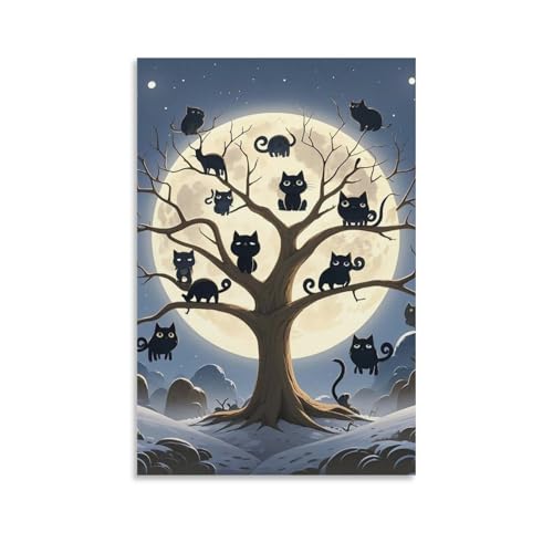 Toile murale chat noir et pleine lune décorative suspendue 60x90cm