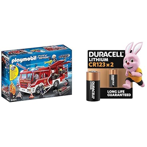 PLAYMOBIL Camión Bomberos, luz/Sonido, 4+ años, 9464, & Duracell CR123 Litio 2 Unidades