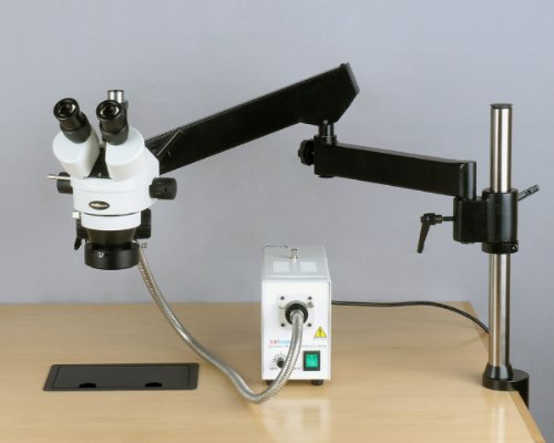 Image of AmScope SM-8TZZ-FOR-M Digital Professional Trinocular Stereo Zoom Microscope, WH10x and WH20x Eyepieces, 3.5X-180X Magnification, 0.7X-4.5X Zoom Objective, Fiber-Optic Ring Light, Articulating-Arm Boom Stand, 110V-240V, Includes 0.5x and 2.0x Barlow Lenses and 1.3MP Camera with Reduction Lens and Software