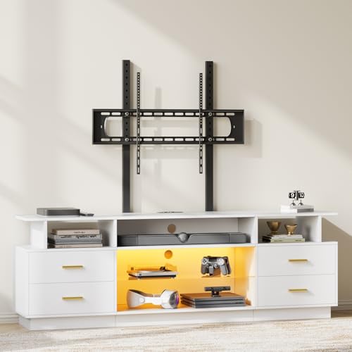 FUSOU Mueble de TV con Altura Ajustable Soporte para TV, iluminación LED, Mueble bajo para televisores de hasta 70 Pulgadas, Mesa de televisión con 4 cajones, 5 Compartimentos Abiertos, Estante de TV