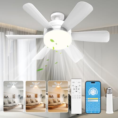 Yoobao Socket Fan Light with Remote, 17.7 inch Small Ceiling Fan with Lights LED, 6 Speeds Dimmable 3 Color Temperatures, E26/E27 Base, Ceiling Light Fan for Bedroom, Kitchen, Garage AXWSFL0