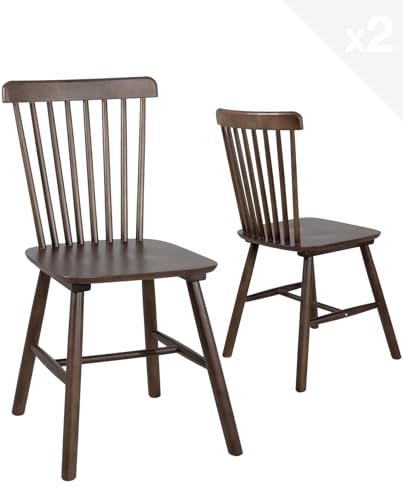 KAYELLES Lot de 2 chaises à barreaux bistrot café rétro Vintage Bois Massif Vernis Mona (Bois Teinte foncée)