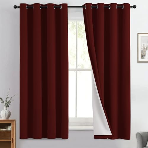 Image of Yakamok Burgundy Red Blackout Curtains 63 Inches Long for Bedroom 50 inch Wide | Blackout Curtain Panels for Bedroom, 2 Thick Layers Grommet Top Thermal Insulated Drapes with White Back for Living Room