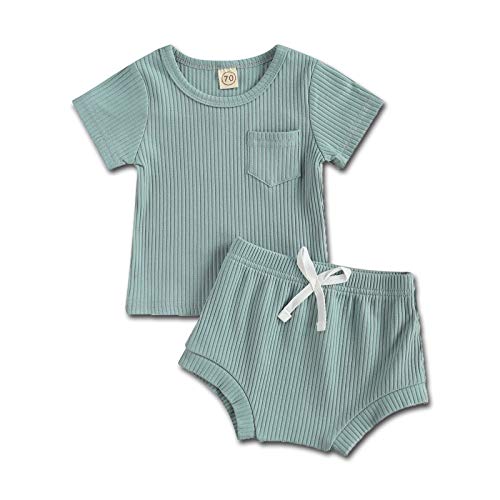 Toddler Baby Boys Girls Summer Clothes, Infant 12-18 Months Kids Ribbed Short Sleeve T-Shirts Pocket Tops Bownot Short Pants Outfits (Green)